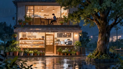 夜晚雨中面包店