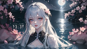 月夜樱花湖中少女