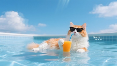 夏日泳池避暑猫咪