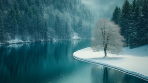 雪岸静湖独树