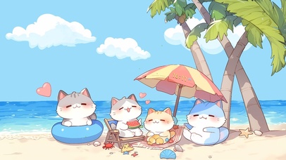 沙滩度假的猫咪家庭