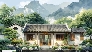 4K简约古风山中庭院主题