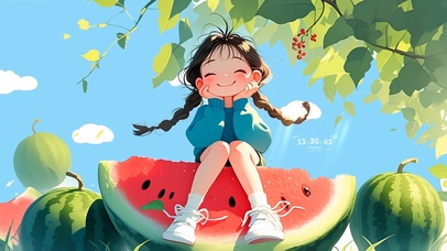 坐在西瓜上的女孩