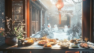 窗外的雪中小院一角