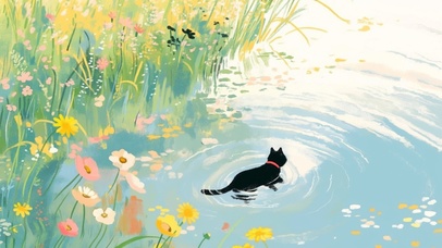 治愈梦幻池塘风景小黑猫护眼清新