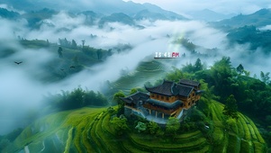 清晨浓雾古镇