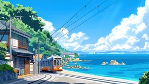 纯净海边悠闲电车