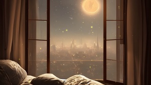 温馨卧室窗外的城市夜景