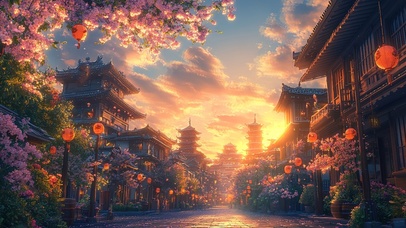 春日傍晚绝美晚霞古镇