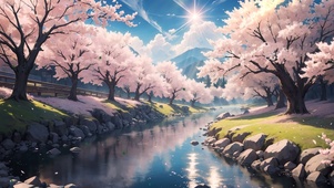 湖边樱花树