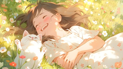 草地上的女孩与猫咪