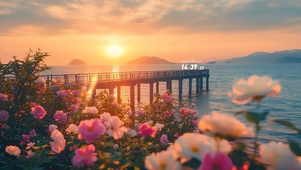 晚霞海边鲜花