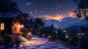 夜晚山上房屋