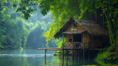 唯美绿色湖面小屋