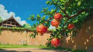 雨天古院石榴树