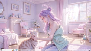 紫发撸猫少女