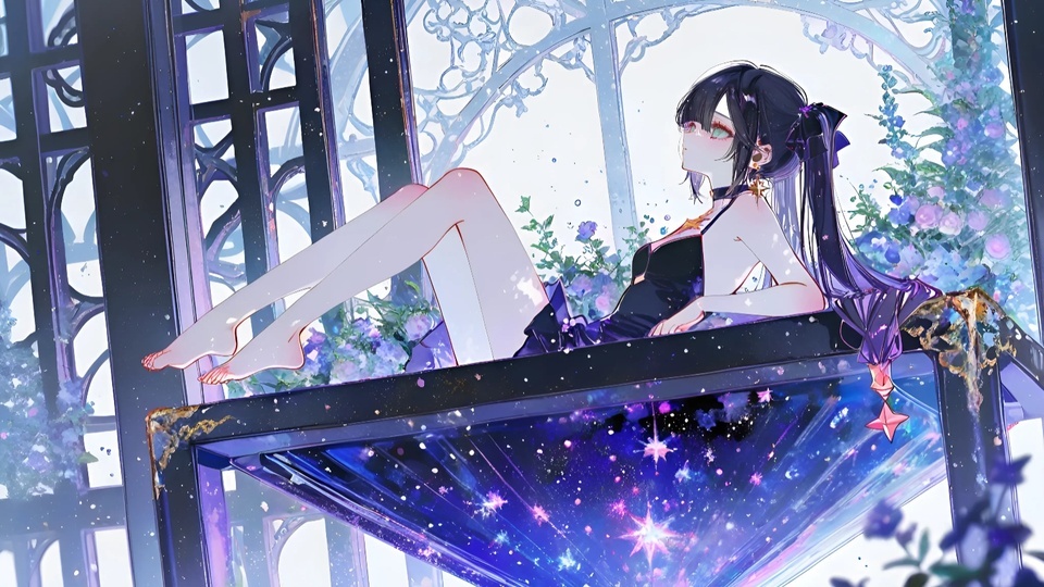 紫黑长发少女赤脚斜坐，身侧环绕蓝紫色花簇，台面泛着星芒，背景是镂空雕花窗棂。