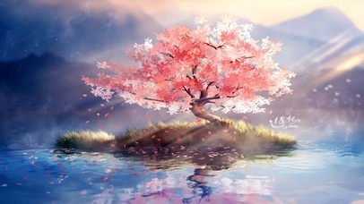 唯美湖水红叶飘落倒影