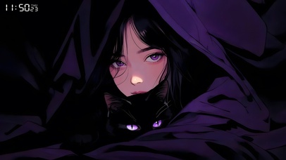 黑夜中的女孩和猫咪