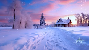 落日森林的雪中小屋