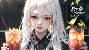 清纯夏日喝饮料少女