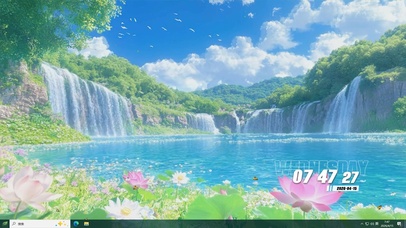 护眼白云树木河流桌面主题