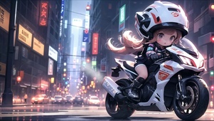 夜晚城市骑摩托车的女孩