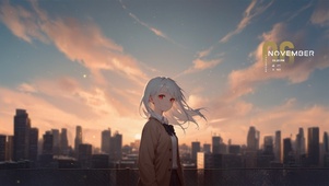 夜晚城市夕阳天台少女