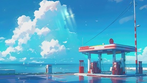动漫风格海边加油站