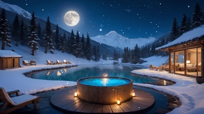 冬日夜晚温泉小屋