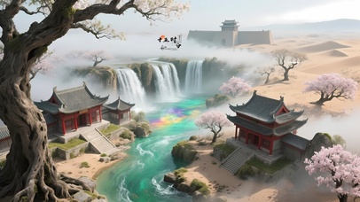 群山瀑布古风建筑