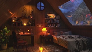 小木屋窗外的雨夜