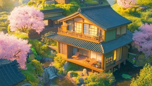 傍晚樱花溪流小屋