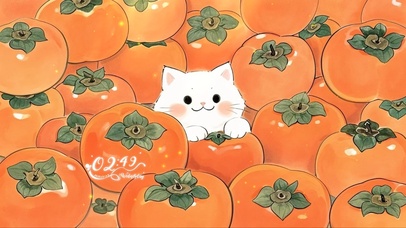 插画治愈猫咪与柿子