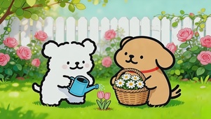 可爱线条小狗的春日花园