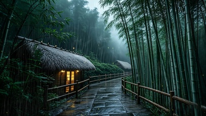 下雨竹林小屋