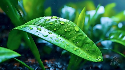 4K雨中的绿叶