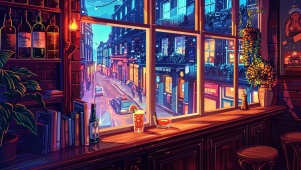 夜幕中的酒馆窗台