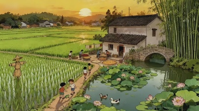 童年乡村稻田