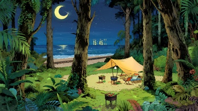 夜晚海边森林露营	