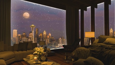 唯美治愈城市夜晚城市房间雪景