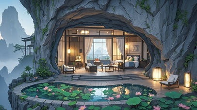 山洞荷塘小屋