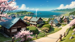 4K唯美治愈日系樱花村庄海景