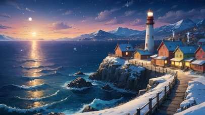雪中海边灯塔小镇