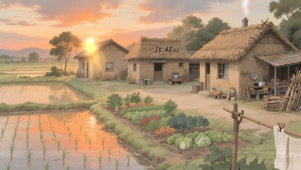 晚霞稻田旁草屋