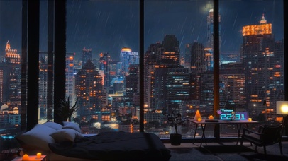 雨天·夜晚·城市·落地窗