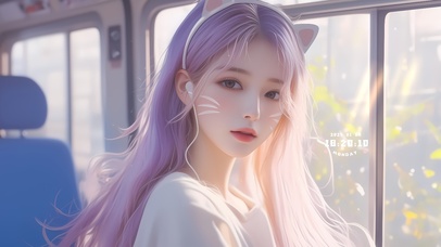 公交车听音乐女孩