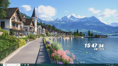 护眼蓝天白云树木河流绿景主题