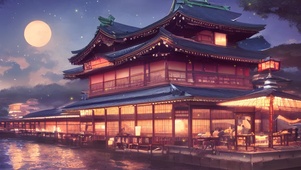 夜晚河边日式建筑