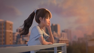 日落时分的远眺少女